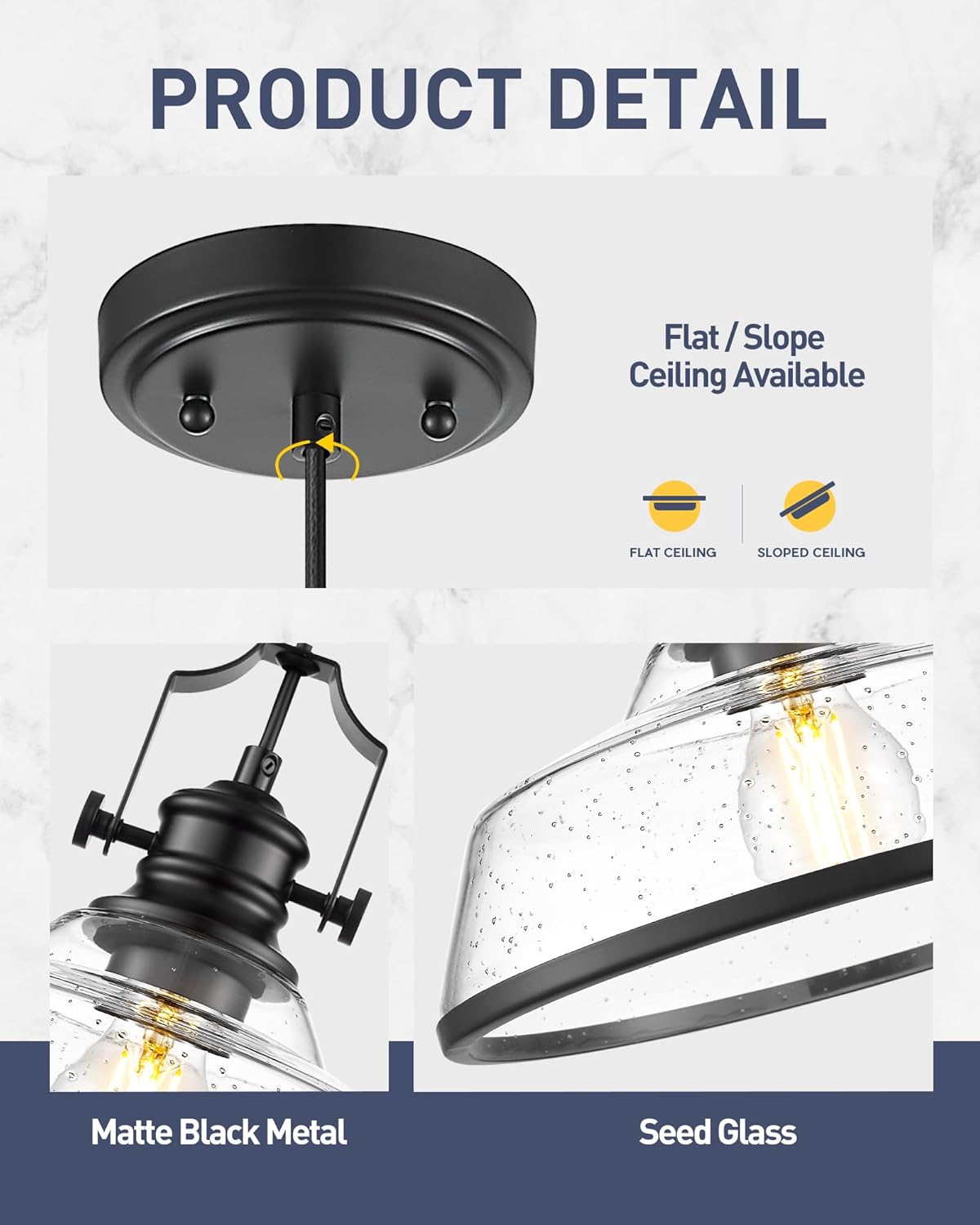 kudos Seeded Glass Pendant Light Kitchen Island, Adjustable Cord, Black Farmhouse Kitchen Light Fixture,KDPL13-BK-S