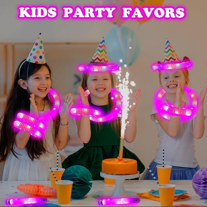 24 PCS Pink Glow Sticks Party Favors for Kids,LED Light up Pop Tubes for Toddlers, Neon Necklaces Bracelets Accessories,Glow Birthday Dance Wedding Valentines Day Mardi Gras Party Supplies Decorations