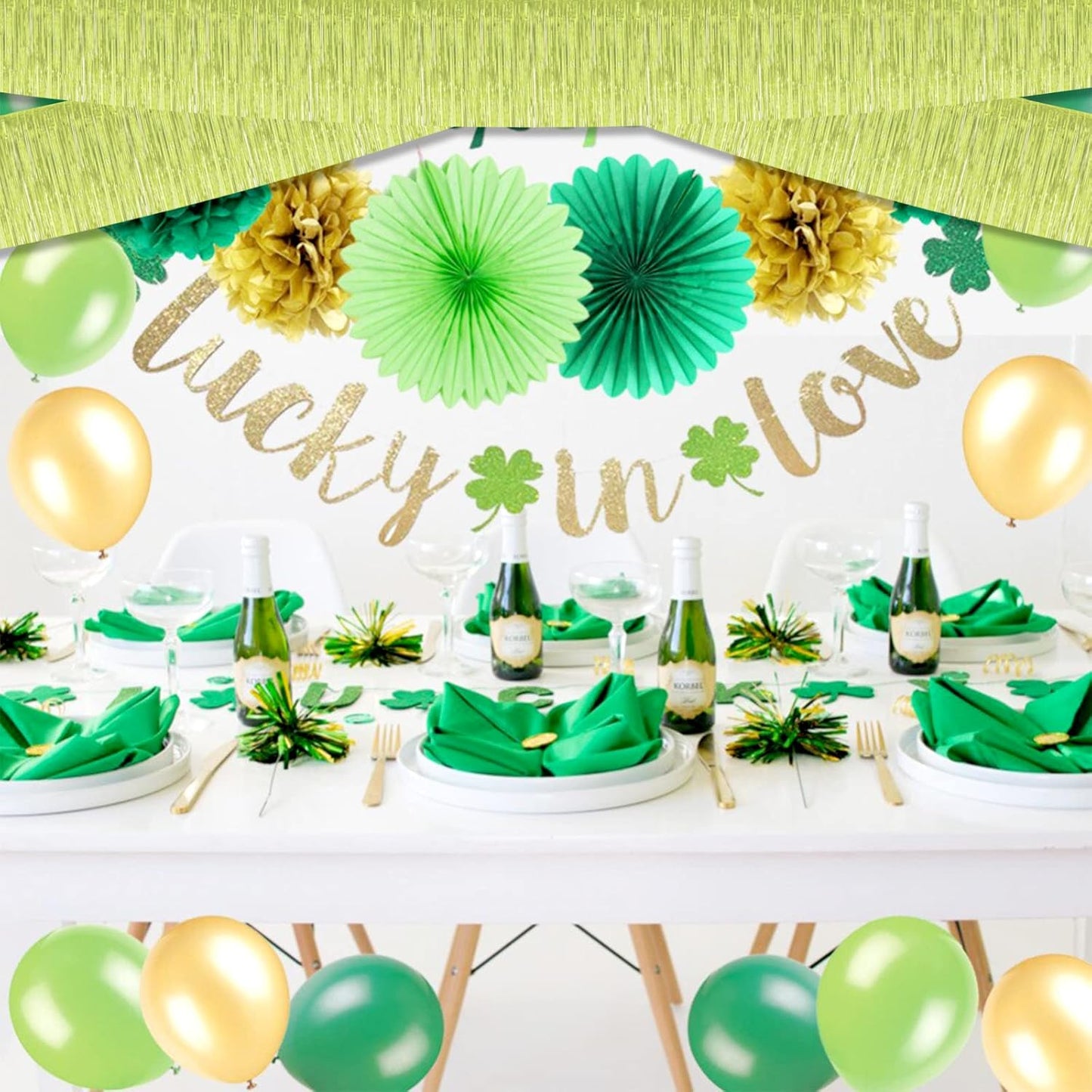 10 Pack 10 Feet Foil Fringe Garland Metallic Tinsel Streamers Banner Wall Hanging Curtain Backdrop for Parade Floats, Wedding, Disco, Birthday, St Patrick Day, Christmas Party Decorations(Light Green)