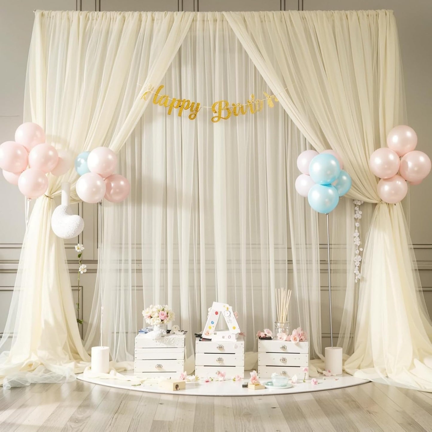 Ivory Tulle Backdrop Curtain for Wedding Parties 10ft x 8ft Sheer Backdrop Curtains for Bridal Shower Birthday Baby Shower Photo Shoot Background Decorations 2 Panels 5ft x 8ft