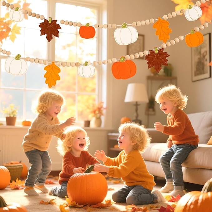 Fall Decorations for Home Felt Pumpkin Garland and Wood Bead Felt Pumpkins Hanging Garland Maple Leaf Banner for Thanksgving Decorations Indoor Fall Harvest Festival Halloween Wall Decor (8.2ft)