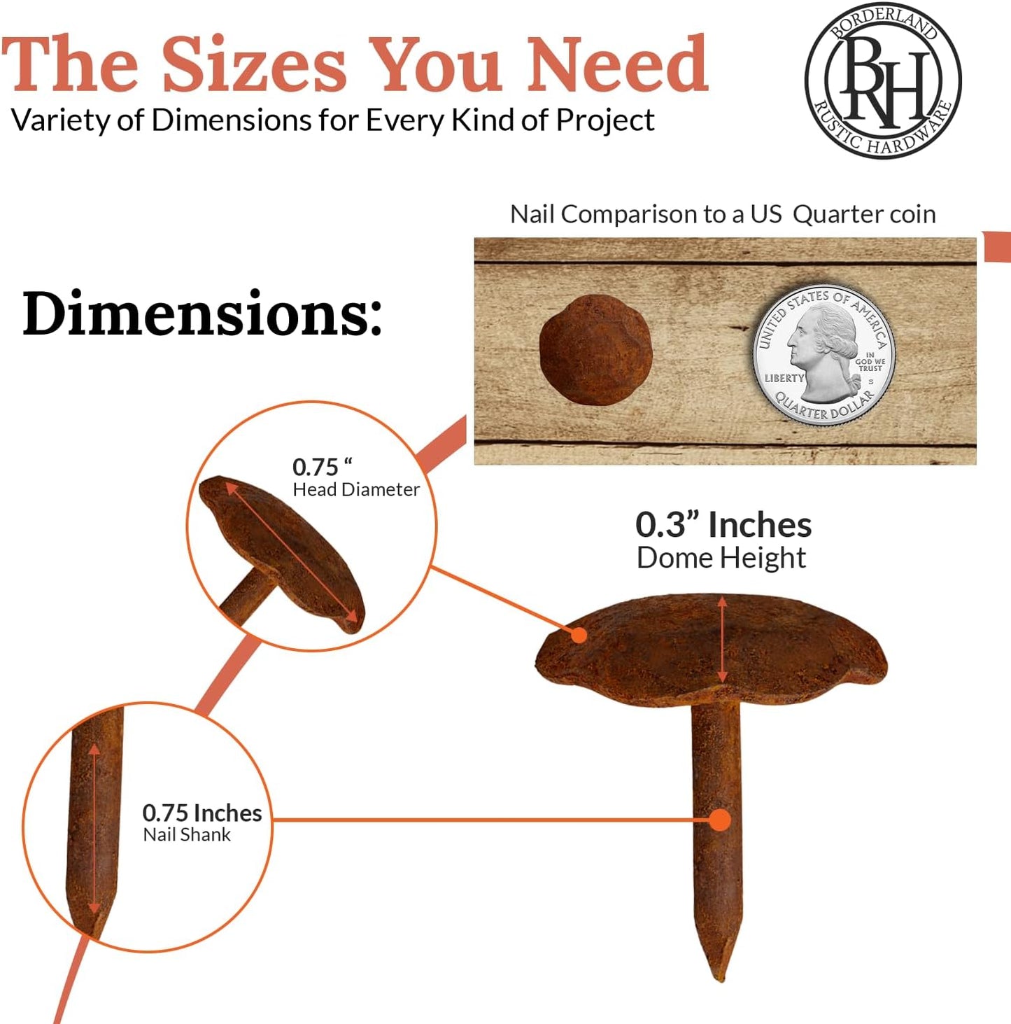 50 Pack 0.75" Round Head Iron Clavos Decorative Nails – Rusted – Handmade Rustic Round Fasteners for Farmhouse Shutters, Faux Wood Beams, Barn Doors, Shutters, Gates – Ornamental Wood Accent