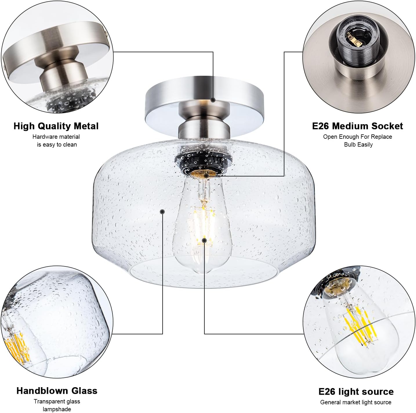 Semi Flush Mount Ceiling Light, Vintage Style - Clear Seeded Glass & Brushed Nickel with 900 Lumens LED Bulb Included, Suitable for Kitchen, Bathroom, Hallway, Bedroom, Entryway