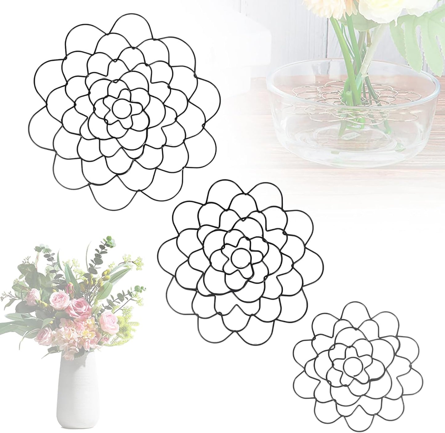 Stainless Steel Floral Grid Flower Arrangement Tool, 3pcs Reusable Floral Grid for Vase Stainless Steel Wire Flower Arranging Tool, Flower Grid Arranger for Arrangement Vase Plant Flower (Black)