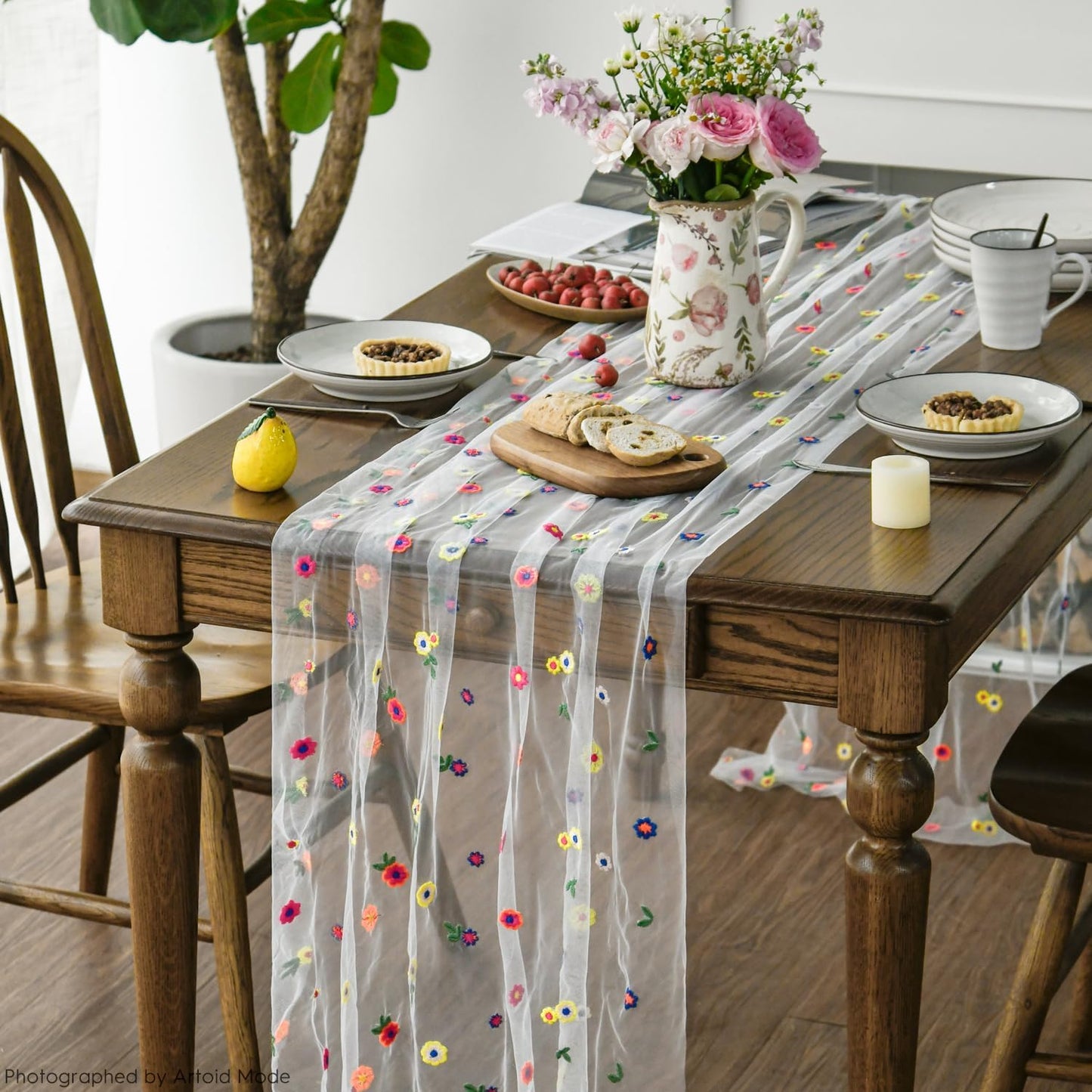 Artoid Mode Embroidery Daisy Gauze Table Runner 120 Inch 10FT, Seasonal Sheer Kitchen Dining Holiday Wedding Birthday Table Decor for Home Party