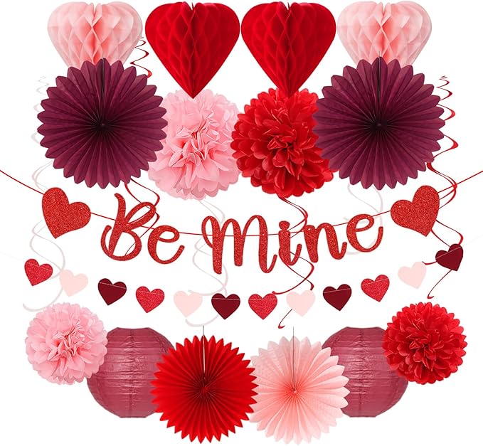 Pink-Red Burgundy Valentines-Day Galentines Party-Decorations - 22pcs Be Mine Love Banner,Paper Lanterns Honeycomb Balls,Tissue Pom Poms Flowers Fans,Happy Anniversary Decor Supplies Hugmoon