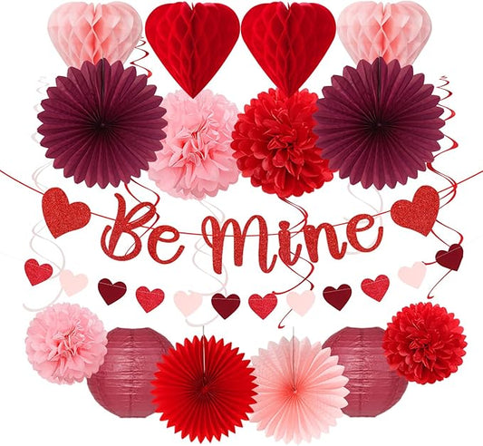 Pink-Red Burgundy Valentines-Day Galentines Party-Decorations - 22pcs Be Mine Love Banner,Paper Lanterns Honeycomb Balls,Tissue Pom Poms Flowers Fans,Happy Anniversary Decor Supplies Hugmoon