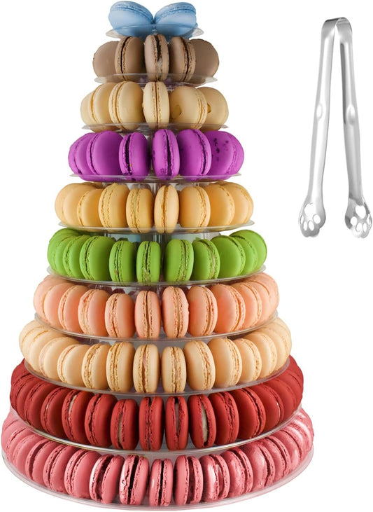 10-Tier Clear Macaron Display Stand, Plastic Macaron Tray Tower with Stainless Steel Serving Tongs, Clear Round Macaron Display Rack, Cupcake Dessert Stand for Weddings, Birthday Parties, Bakeries