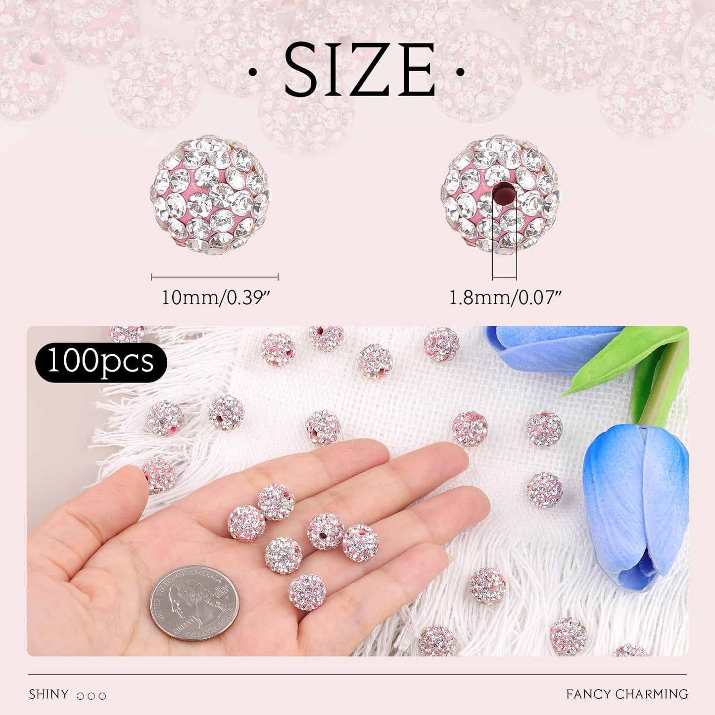 100pcs 10mm Rhinestone Beads for Jewelry Making, Pink White Shiny Round Shamballa Disco Ball Beads Bulk, Sparkle Crystal Clay Christmas for Bracelet Baseball Necklace Earring Crafting and DIY