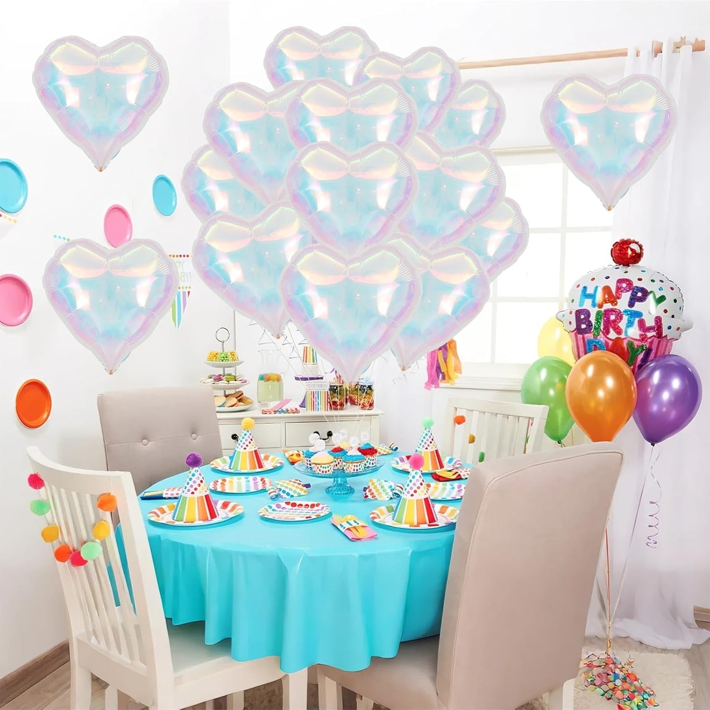 Iridescent Heart Balloons,12Pcs 18Inch Iridescent Heart Shaped Foil Helium Polyester Film Balloons for Baby Shower Birthday Anniversary Wedding Engagement Disco Party Decorations