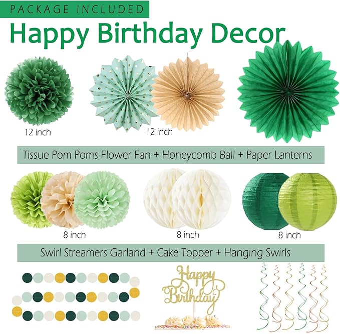 Sage-Green Gold Birthday Decoration,Happy Banner,Olive Retro Paper Lanterns Neutral Tissue Pom Poms Fan,Boho Green Balloons For Anniversary Princess Backdrop Party Supplies for Women Girls Mens