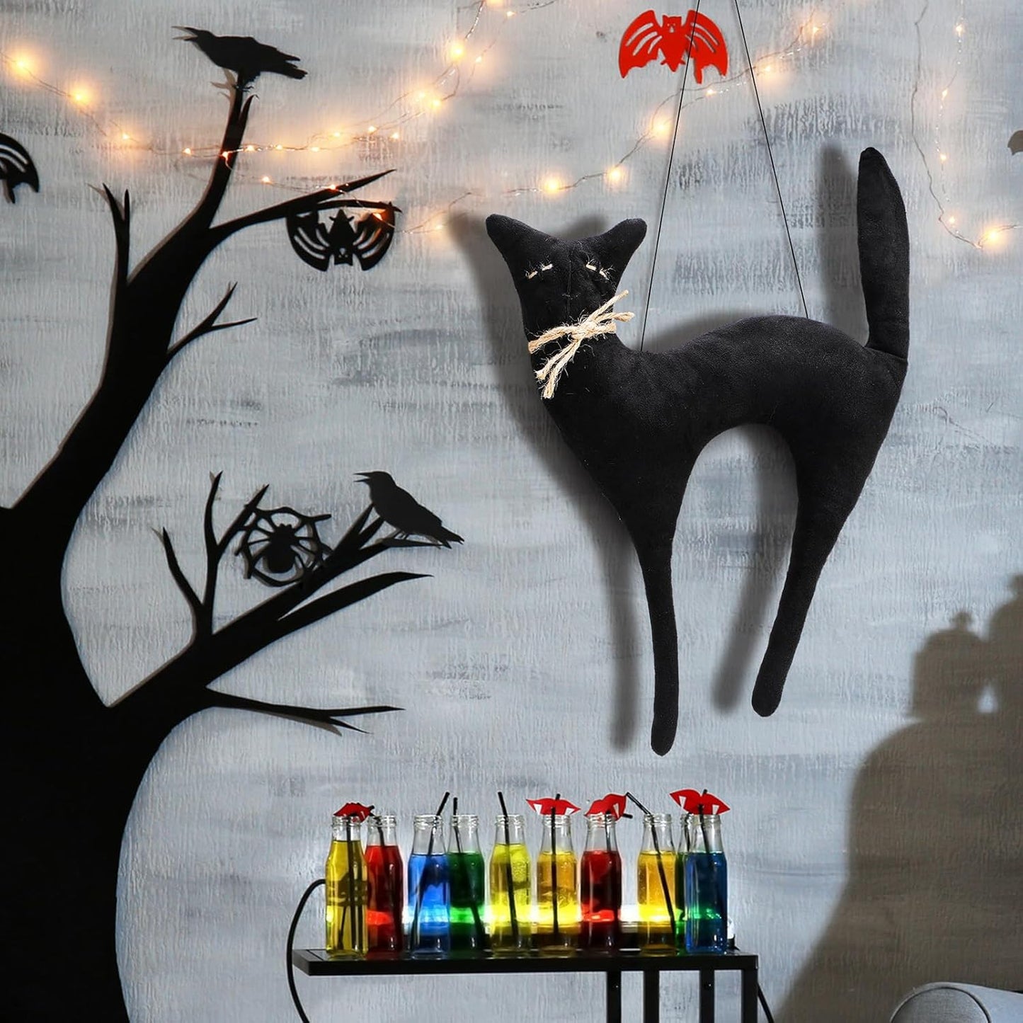 Suhine 16 Inch Halloween Black Cat Hanging Decoration Vintage Rustic Black Cat Wall Ornament Hanging Gifts Primitiva Retro Farmhouse Halloween Decoration for Door Indoor Wall Outdoor