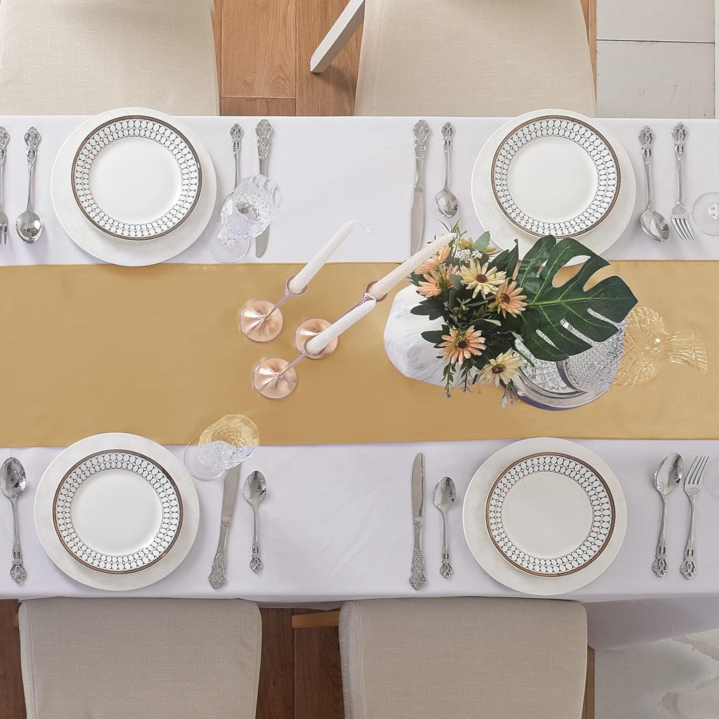 6Pack Table Runner 12 x 108 Inches Satin Silk Table Runner for Wedding, Birthday Party, Banquets, Graduations Decoration, fit Rectange and Round Table-Champagne