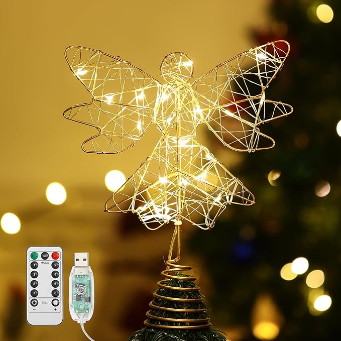 Lewondr Christmas Tree Topper Angel, USB Powered Remote Controlled 9.8 Inch Glittering Angel Christmas Tree Topper, 6H Timer Christmas Tree Angel Topper with Lights for Xmas Home Holiday Party, Gold