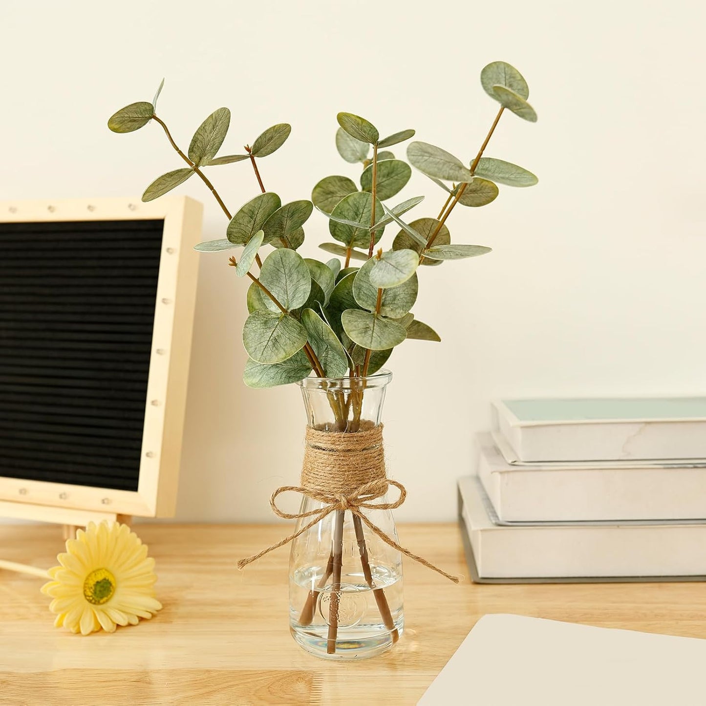 2 Pack Artificial Eucalyptus Stems in Glass Vase Decorative Greenery Artificial Plant with Double Sided Green Eucalyptus Leaves for Home Office Decor (Green-2Pcs)