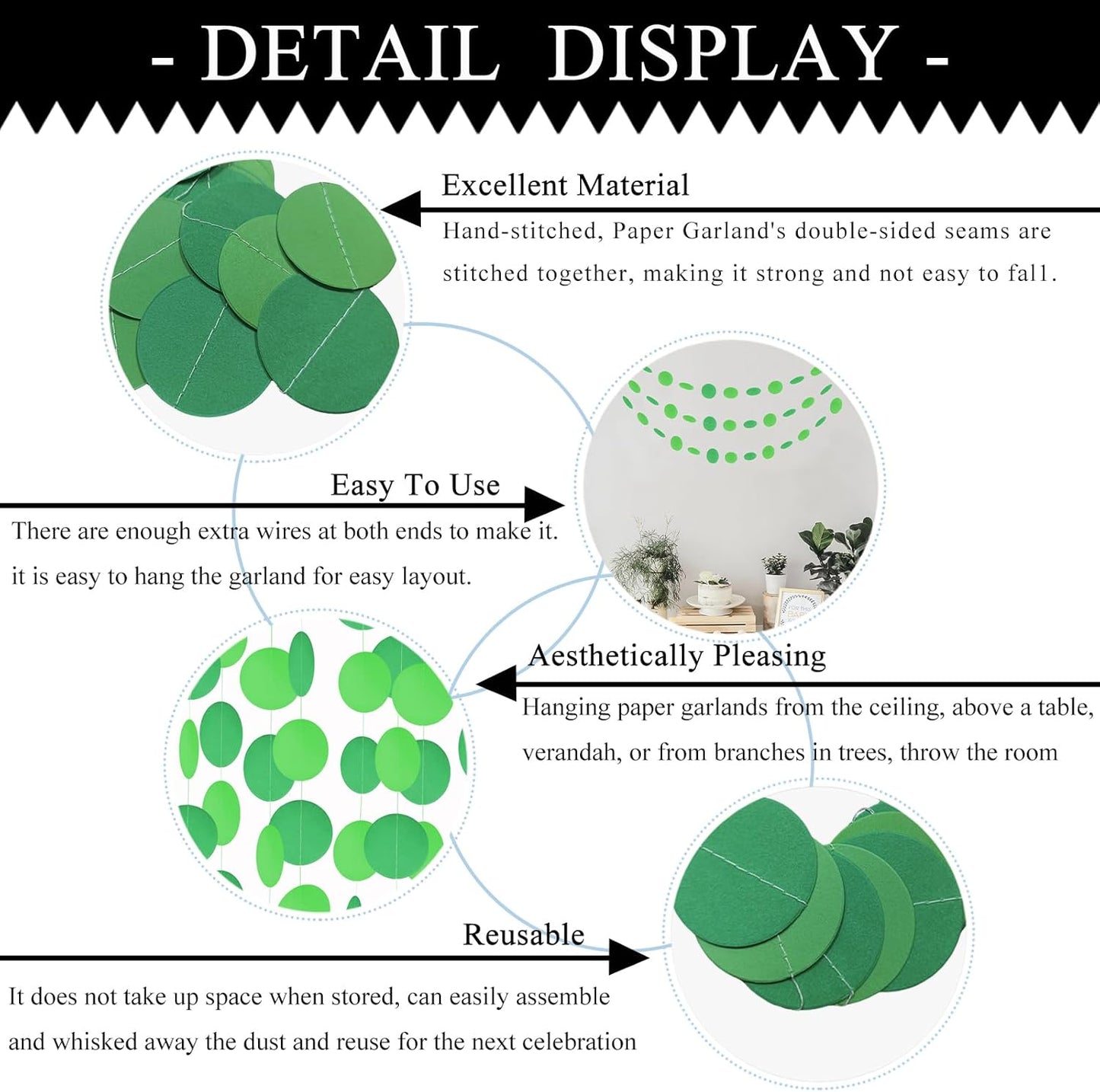 MerryNine Paper Garland 5 Pack, 50ft Glitter Paper Garland Circle Dots Hanging Decor, Banner for Baby Shower, Birthday, Nursery Party Decor (Green)