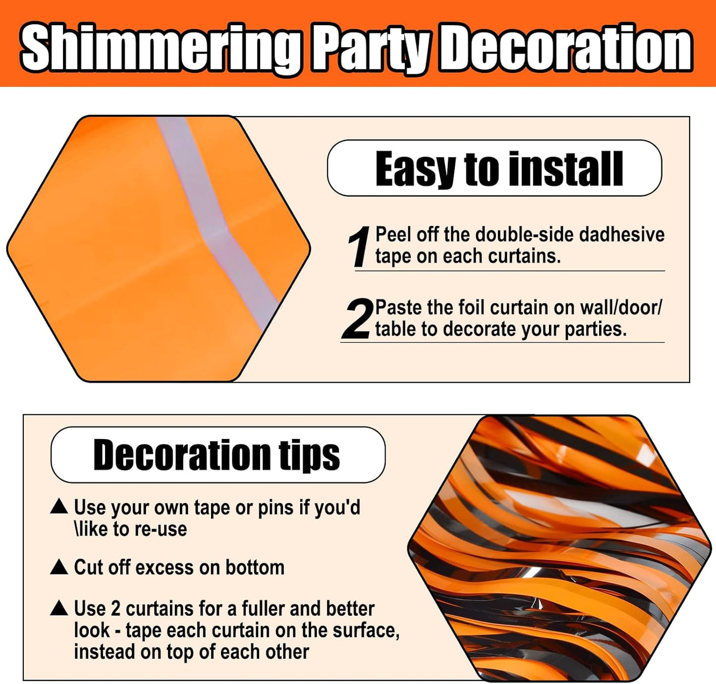 3 Pack Black Orange Foil Fringe Curtain Backdrop, 3.28Ft x 8.2Ft Metallic Tinsel Foil Fringe Streamer Curtains for Photo Booth, Mother's Day, Easter, Birthday, Wedding Party Decorations