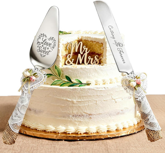 Wedding Cake Knife and Server Set – Rustic Lace Burlap Handle, Stainless Steel Blades, Vintage Wedding Cake Cutting Set for Bride & Groom, Anniversary, Engagement Gift