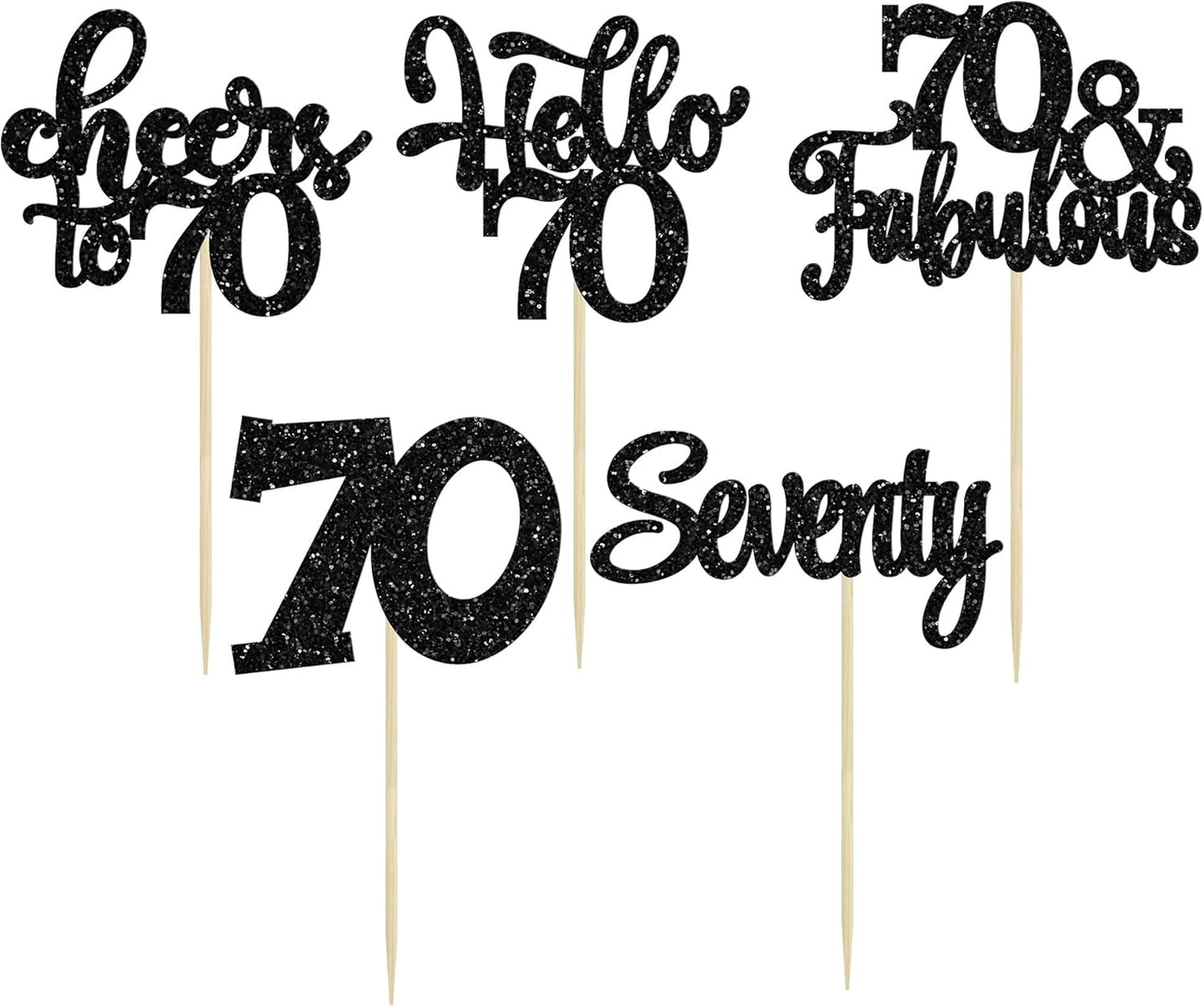 30Pcs Happy 70th Birthday Cupcake Toppers Seventy Cheers to 70 Years Old Birthday Cupcake Picks for 70th Birthday Anniversary Party Cake Decorations Supplies Black Glitter