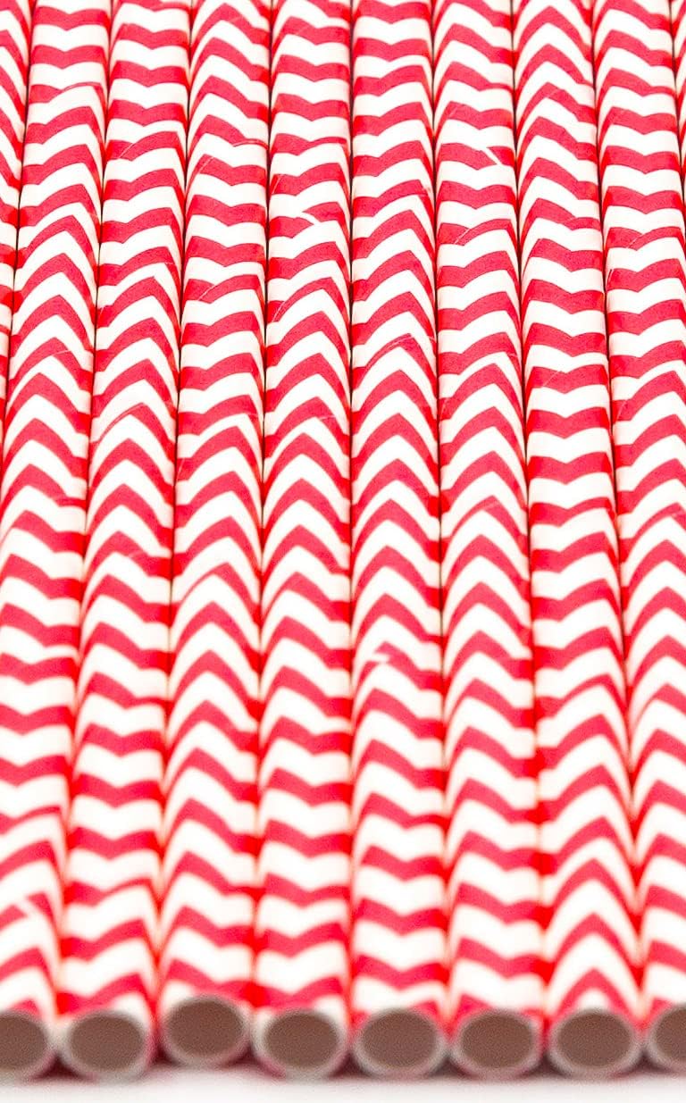 Pack of 900 Red Chevron Biodegradable 4-Ply Paper Drinking Straws (Compostable, Non-toxic, BPA-free)
