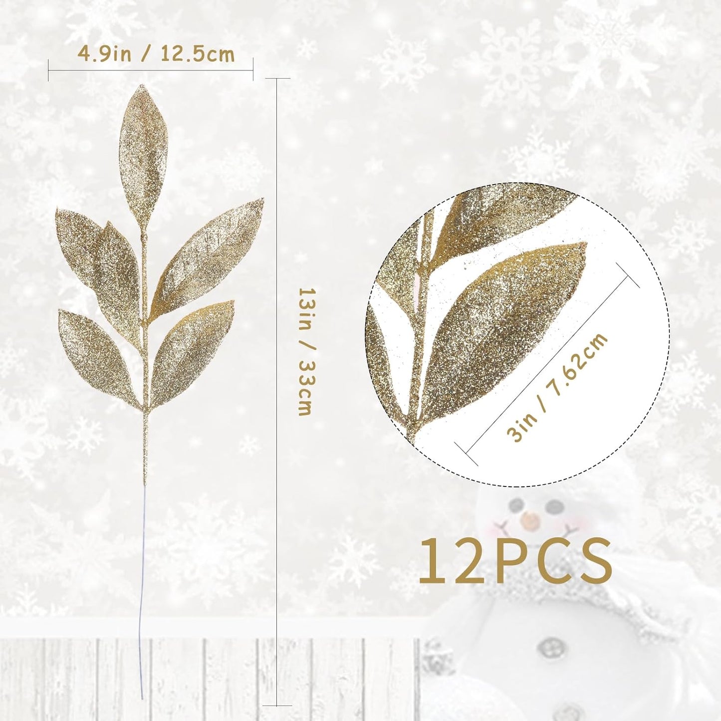 GREENTIME 12 Pack Artificial Light Golden Glitter Leaves 13" Fake Christmas Picks Decorative Glitter Sticks for Vase Christmas Tree DIY Wreath Crafts Fireplace Decor