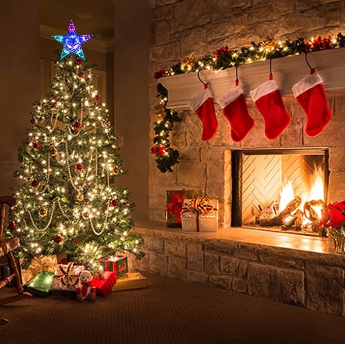 Christmas Star Trees Topper Light 9.5inch 24 Modes Color Changing with Versatile Remote Controller 3AA Battery Powered Christmas Tree Topper Party Home Decoration（Indoor and Outdoor ）
