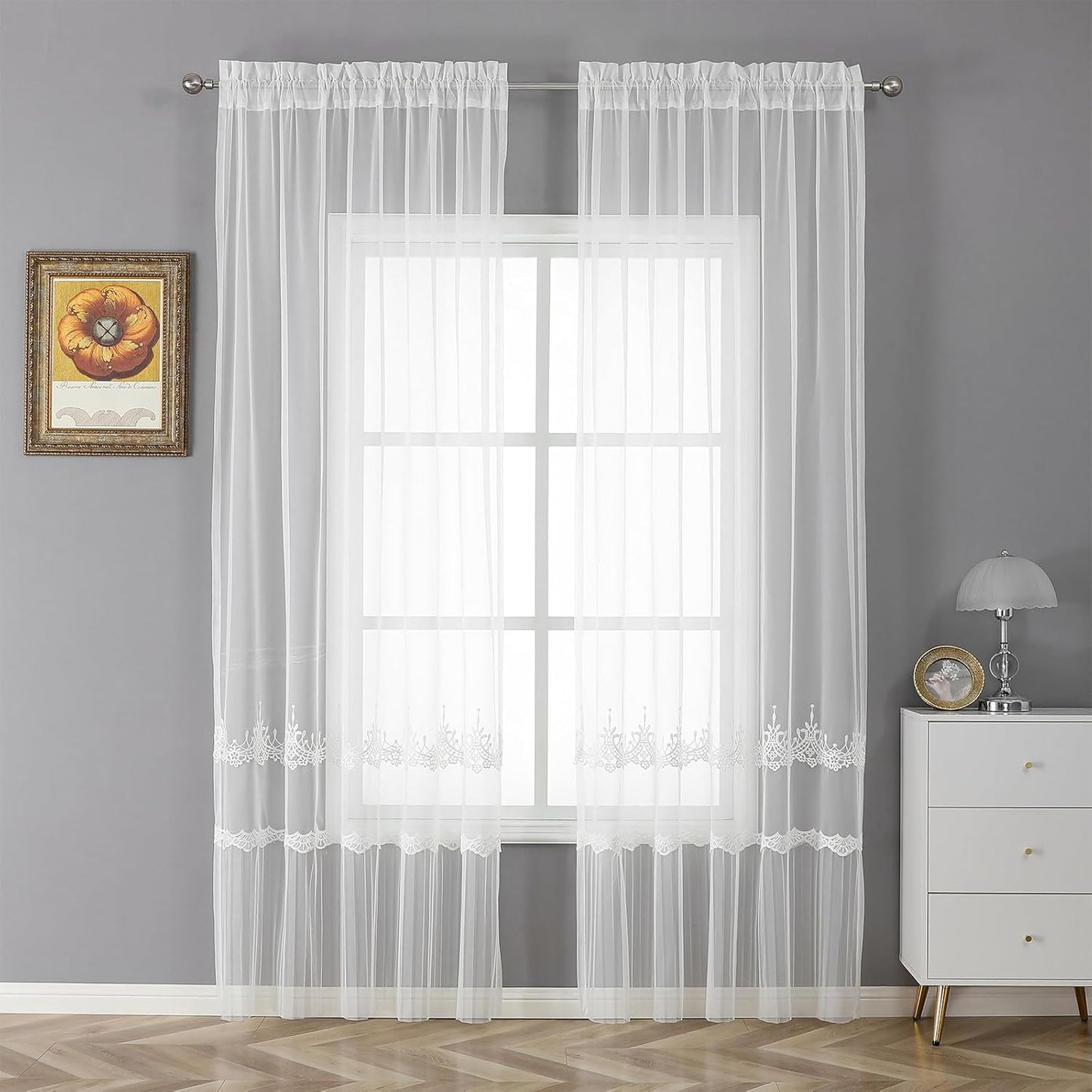 VISIONTEX White Sheer Voile Curtains, Decorative White Embossed European Rod Pocket Window Drapes for Home Kitchen, Living Room and Bedroom 54 x 72 Inch, Set of 2 Curtain Panels