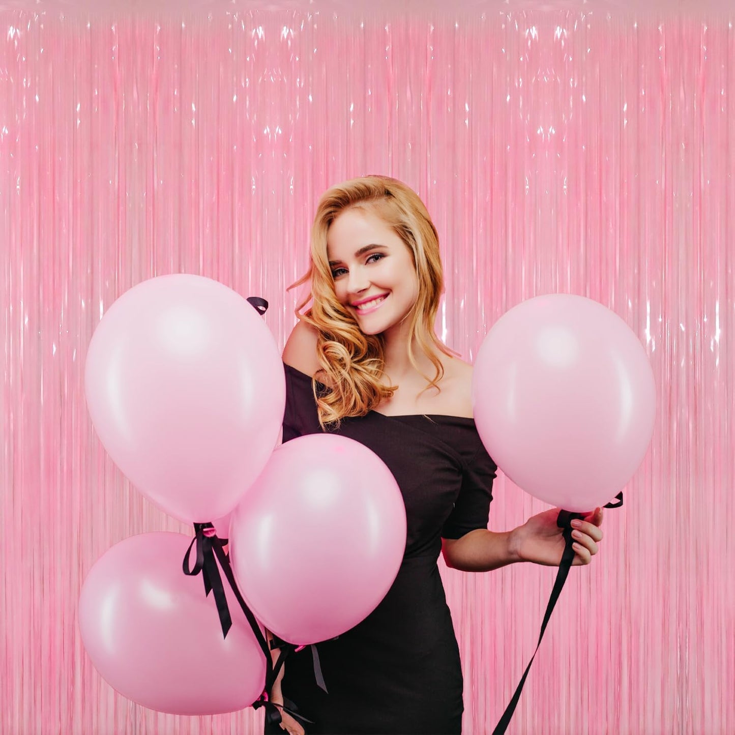 GOER 6.4 ft x 8.2 ft Metallic Tinsel Foil Fringe Curtains Party Photo Backdrop Party Streamers for Birthday,Graduation,New Year Eve Decorations Wedding Decor(2 Packs,Candy Pink)