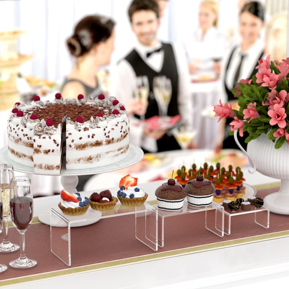 HIIMIEI Acrylic Risers for Display Clear 3-Tier Risers Stands Showcase for Amiibo Funko Pop Figures, Dessert, Jewelry-8.4"x 6.3"x 4.3" (2 Sets)