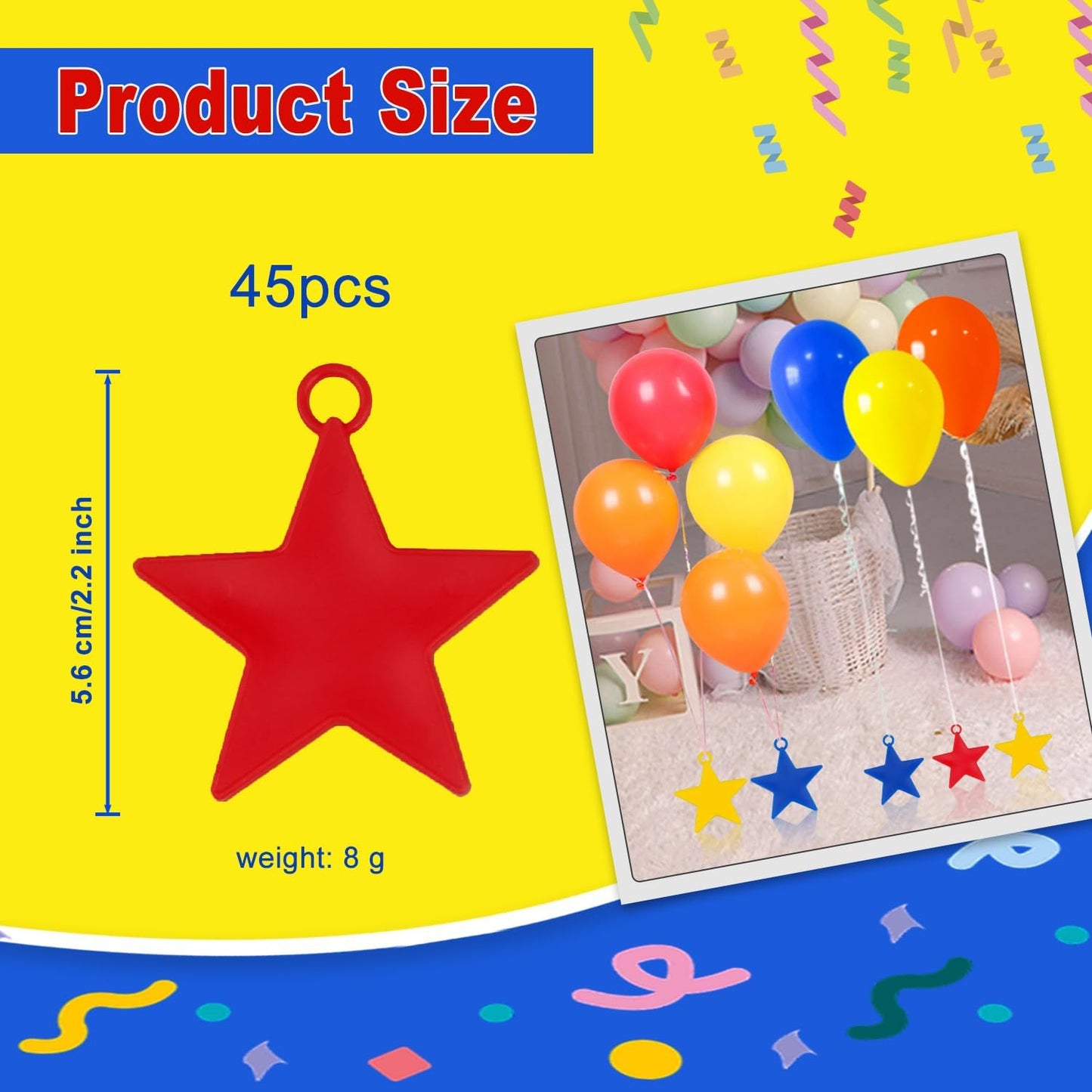 45PCS Balloon Weights Colorful Plastic Heavy Balloon Pendants Wedding Birthday Party Balloons Accessories For Helium Balloon Decoration (Star)
