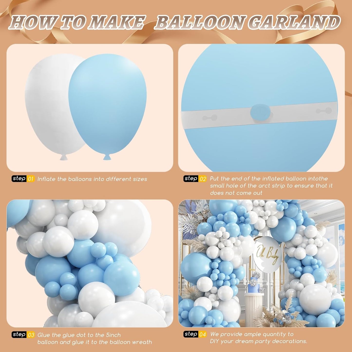 412Pcs Blue and White Balloon Arch Kit, 18 12 10 5 Inch Different Size Light Blue White Balloon Garland Kit for Baby Shower Graduation Birthday Wedding Party Decorations