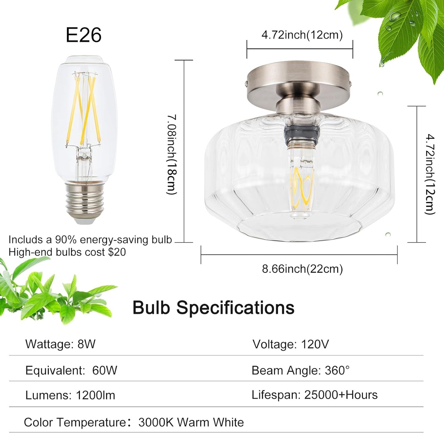 Brushed Nickel Semi Flush Mount Ceiling Light Fixture with Textured Glass & Included 1200 Lumens LED Bulbs, Modern Hallway & Bathroom Light for Entryway, Kitchen, Laundry Room