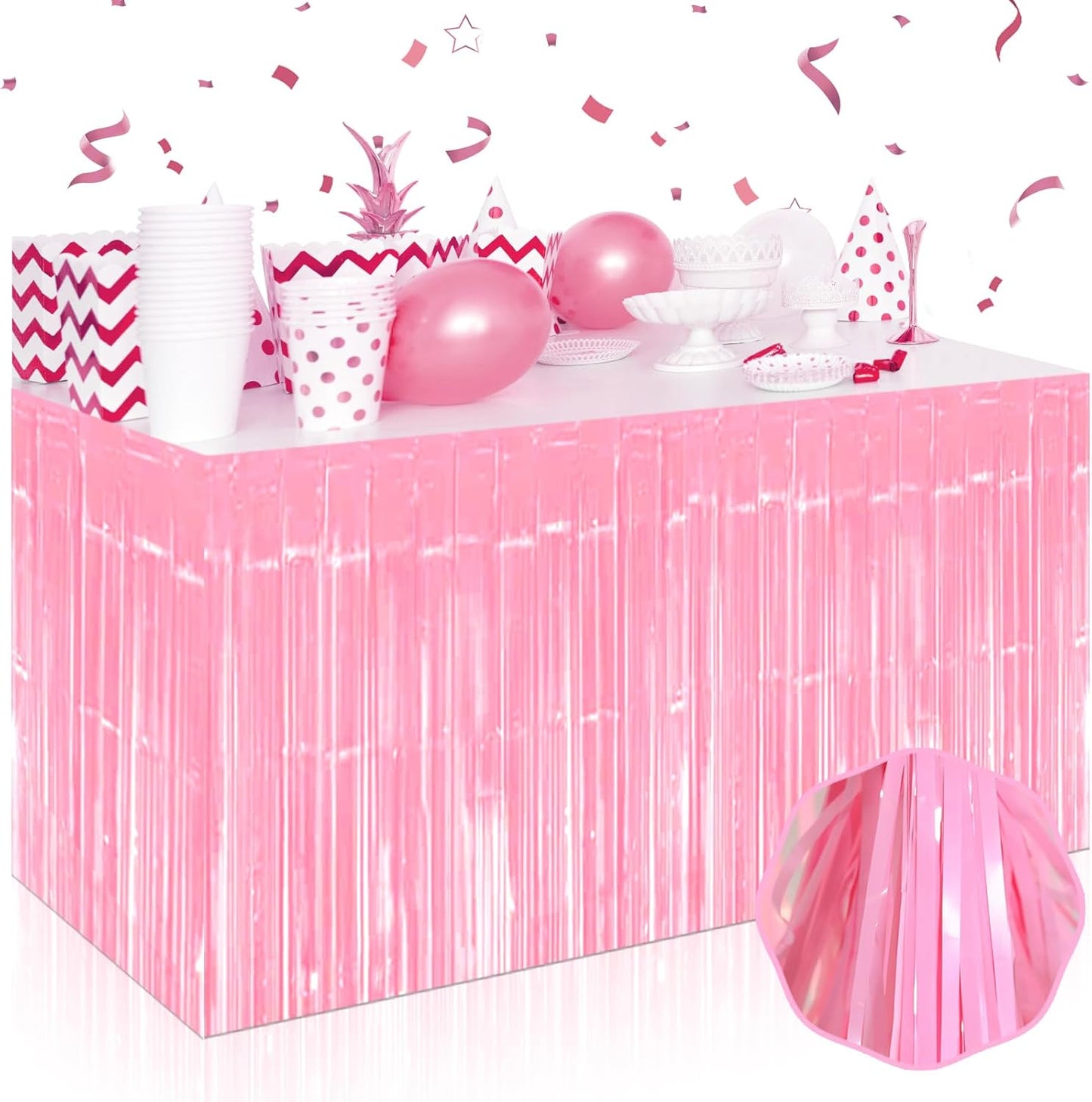 3 Pack 29 x108 Inch Macaron Pink Foil Fringe Table Skirts Metallic Banner for Tinsel Streamer Garland Backdrop for Parade Floats Wedding Thanksgiving Birthday Christmas New Year Party Decoration