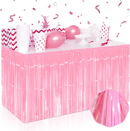 3 Pack 29 x108 Inch Macaron Pink Foil Fringe Table Skirts Metallic Banner for Tinsel Streamer Garland Backdrop for Parade Floats Wedding Thanksgiving Birthday Christmas New Year Party Decoration