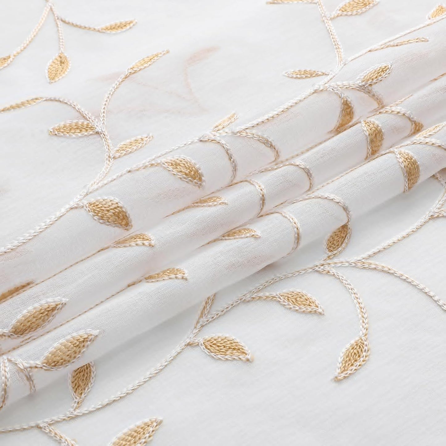 VISIONTEX White Sheer Voile Curtains, Decorative Orange Leaves Embroidery Faux Linen Rod Pocket Window Drapes for Home Kitchen, Living Room and Bedroom 54 x 108 Inch, Set of 2 Curtain Panels