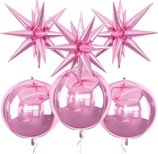6Pcs Pink Foil Balloons,22Inch Light Pink 4D Round Ball Balloon and Explosion Star Balloon for Birthday Wedding Baby Shower Anniversary Decorations