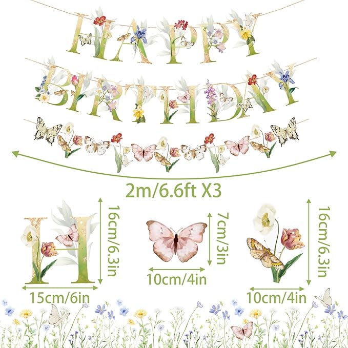Sunbeauty Wildflower Butterfly Happy Birthday Banner | Garden Party Decoration | Floral Birthday Decorations | Pre-Strung