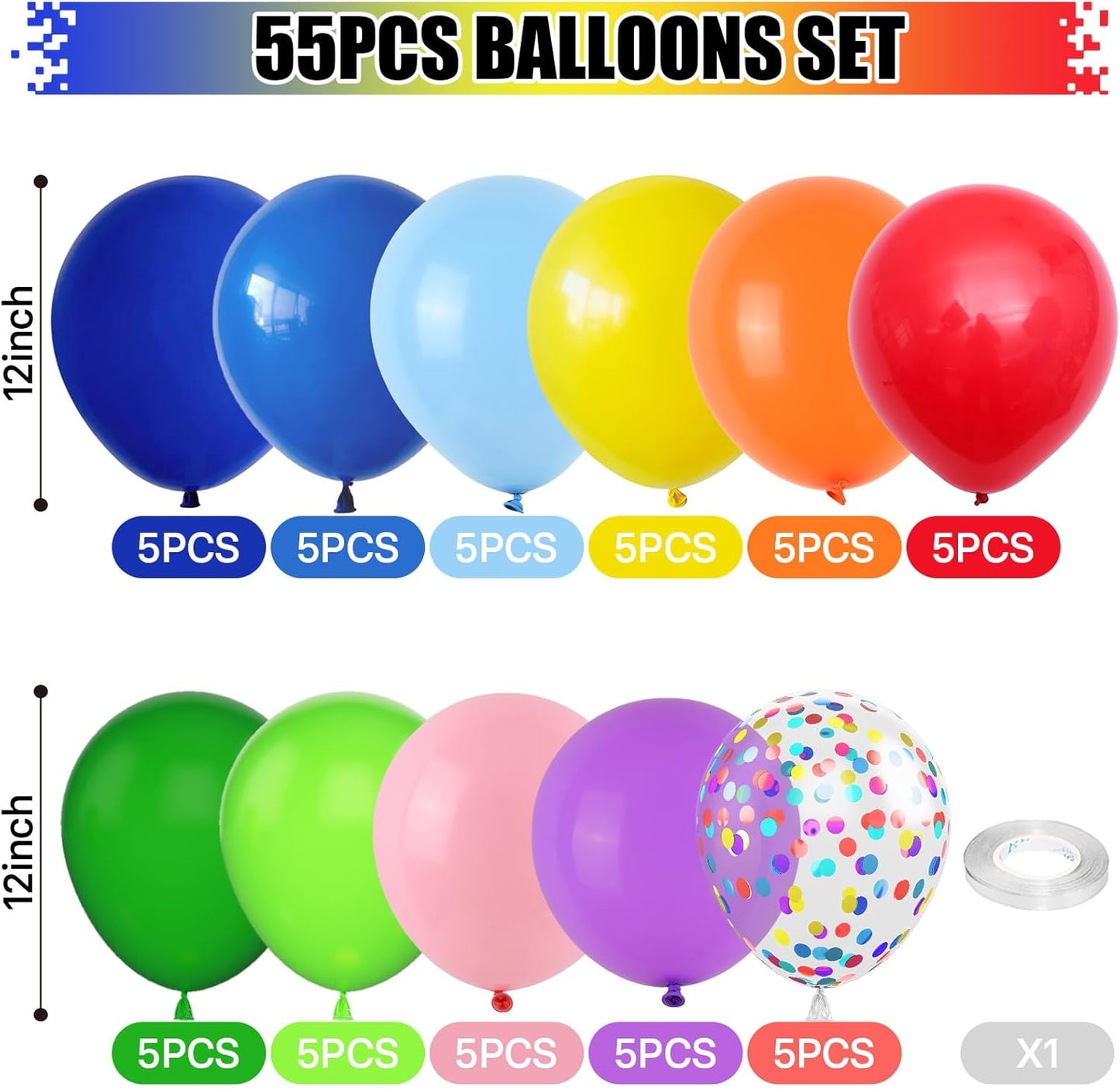 Colorful Balloons Rainbow Assorted Colors Balloons Set 12Inch Red Blue Yellow Green Pink Purple Orange Latex Party Balloon with Multicolor Confetti Balloon for Birthday Carnival Party Decorations