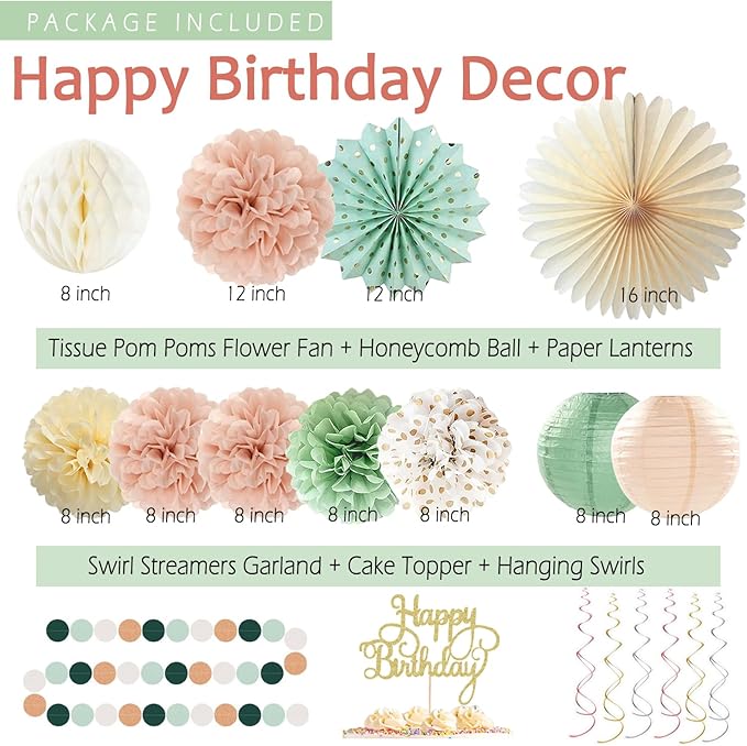 Sage-Green Blush-Pink Birthday Decorations for Women Girls, Cream Light Beige Happy Banner, Paper Lanterns Pom Poms, Olive Green Dusty Pink Balloons, Boho Fairy Anniversary Princess Party Décor