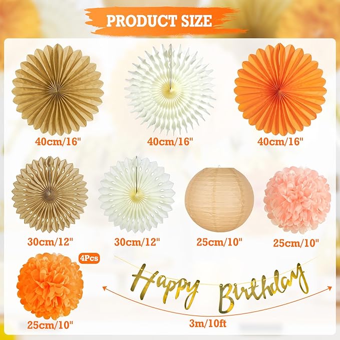 SUNBEAUTY Orange Birthday Party Decorations for Girls Women with Happy Birthday Banner Fall Hanging Paper Fans Tissue Pom Poms Lanterns for Thanksgiving Harvest Friendsgiving Autumn Wedding Decor