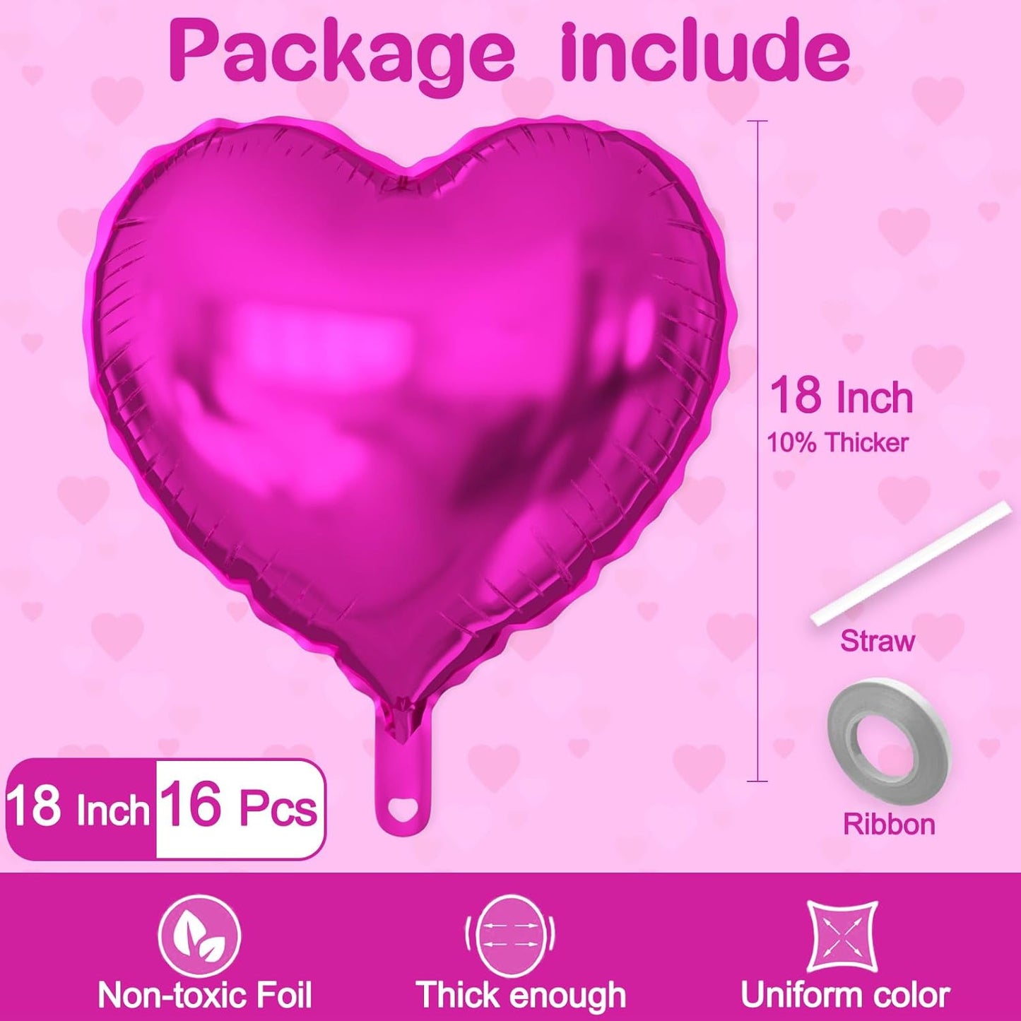 16 Pcs Heart Balloons, 18 Inch Hot Pink Love Heart Shaped Foil Balloons for Wedding Anniversary Birthday Party Valentine Decorations Baby Shower Bridal Shower Engagement Decorations Supplies