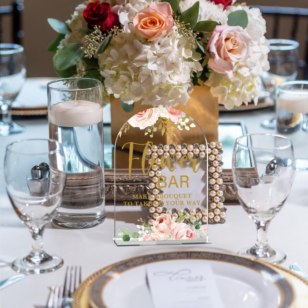 Acrylic Wedding Signs, Flower Bar Desk Decor, Flower Bar Signs for Ceremony, Modern Calligraphy Arch Acrylic Table Top Sign for Wedding Reception and Engagement Parties (Clear Pink Flowers)