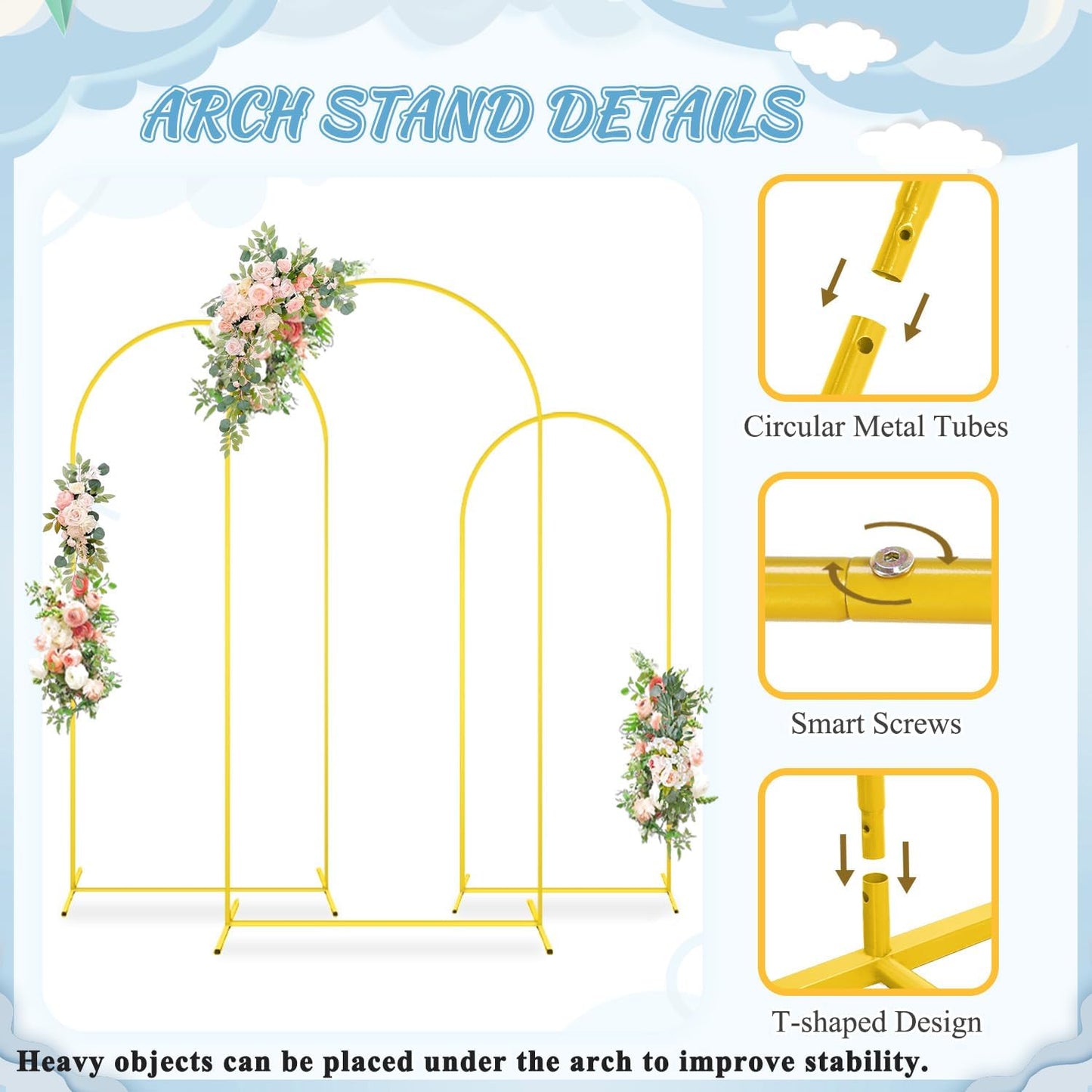 FOTSHARER Arch Stand and Cover Set 7.2FT 6.6FT 6FT Gold Wedding Backdrop Stand White Backdrop Cover for Arch Stand Set of 3 Balloon Arch Stand with Cover for Birthday Party Banquets Baby Showers Decor