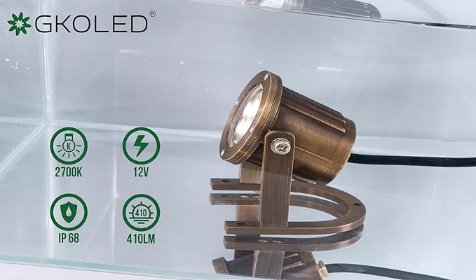 GKOLED Solid Brass Underwater Light, Low Voltage LED Pond Lights, Submersible Fountain Lighting with 5W 2700K 410LM MR16 Bulb, 9-15V AC/DC Outdoor Landscape Light, IP68 Rated Pool Spotlights, 2 Pack