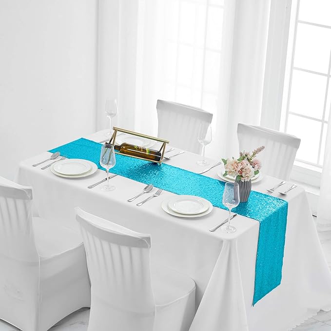 6 Packs 12 x 72 inches Turquoise Sequin Table Runner, Glitter Runner for Birthday Party Supplies Decorations Wedding Bachelorette Holiday Celebration Bridal Shower Baby Shower