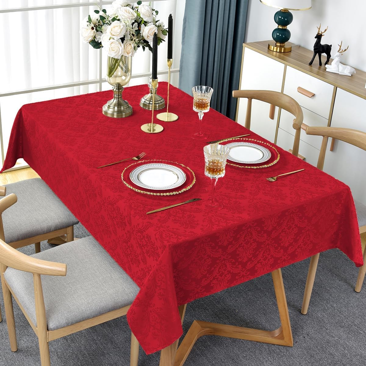 Jacquard Christmas Tablecloth Rectangle 52 x 70 Inch, Waterproof Wrinkle Free Floral Damask Table Cloth, Soft Fabric Table Cover for Xmas, Holiday, Winter, Holiday, Party, Wedding, Red