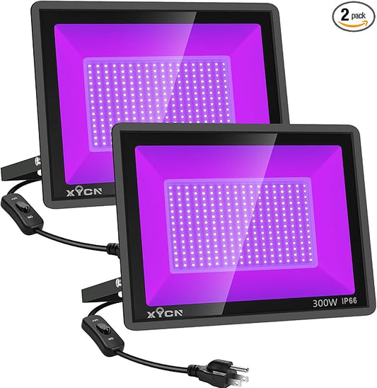 2 Pack 300W LED Black Lights Outdoor, Flood Blacklight Light with Plug, 395nm to 410nm IP66 Waterproof for Dance Party, Glow in The Dark, Stage Lighting, Body Paint, Fluorescent Poster, Neon Glow