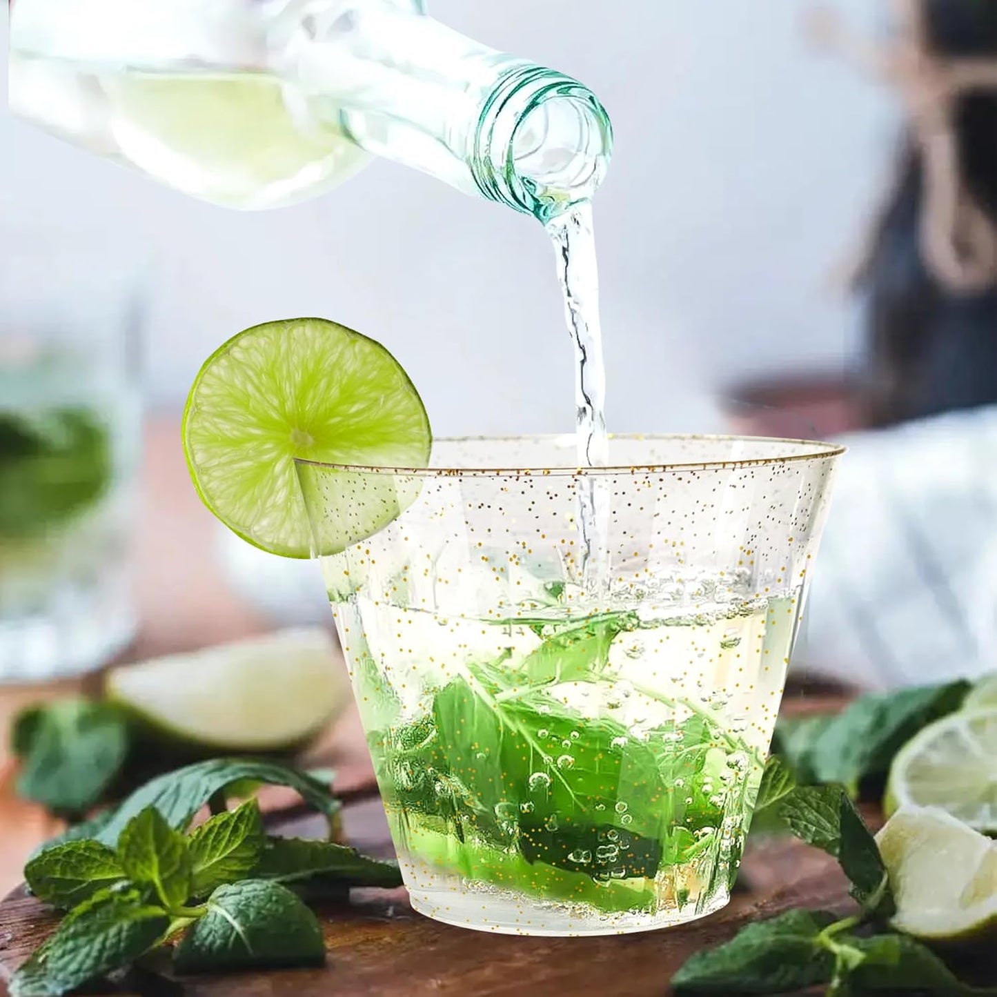 [100 Pack] 9oz Plastic Cups with Gold Glitter Sturdy & Food Safe Disposable Wine Glasses Party Wedding Cups Disposable Drinking Cups Plastic Cocktail Glasses for Wine, Cocktails & Cold Beverages