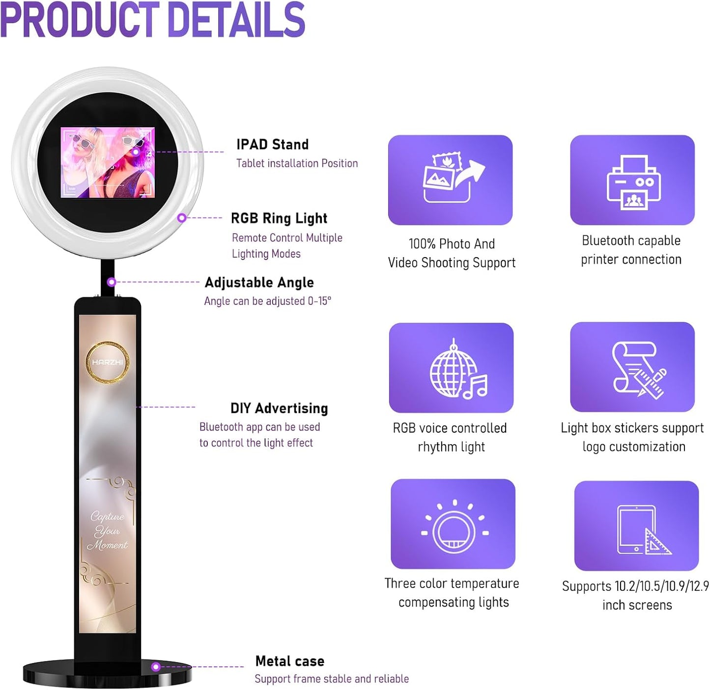 HARZHI Portable Photo Booth Compatible with Ipad, for Ipad Photo Booth Shell Stand Stand Provide Chacktok Photo Booth Software for Party and Wedding, Free Custom Logo, Flight Case