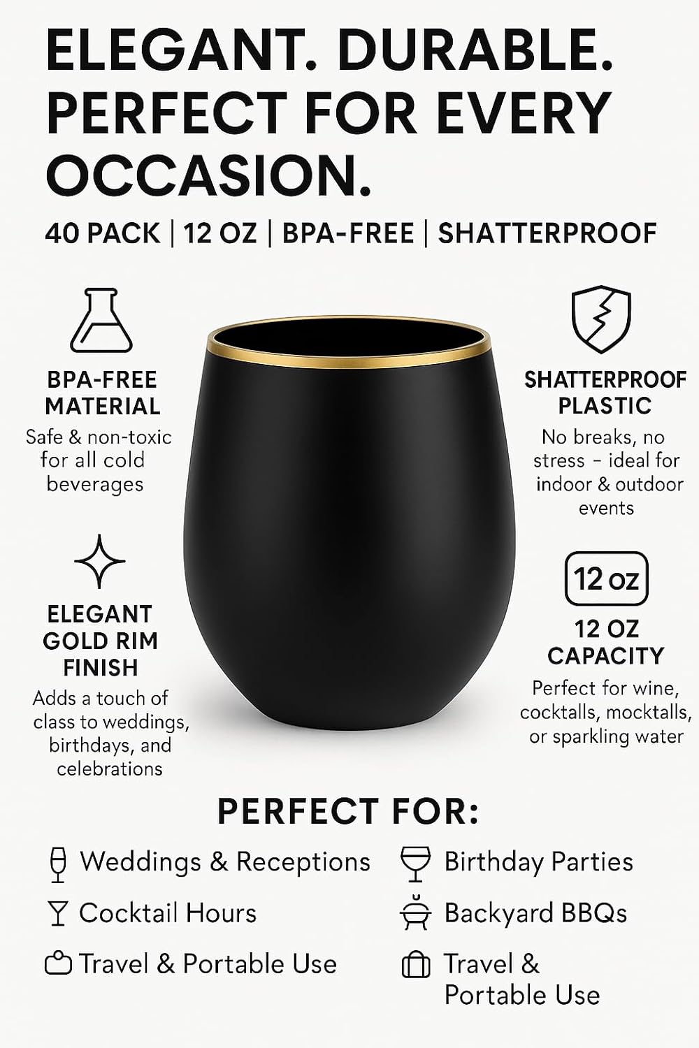 40 count Unbreakable Stemless Plastic Wine Champagne Whiskey Glasses Elegant Durable Disposable Indoor Outdoor Ideal for Home, Office, Bars, Wedding, 12 Ounce Cups Black Gold Rim Matte